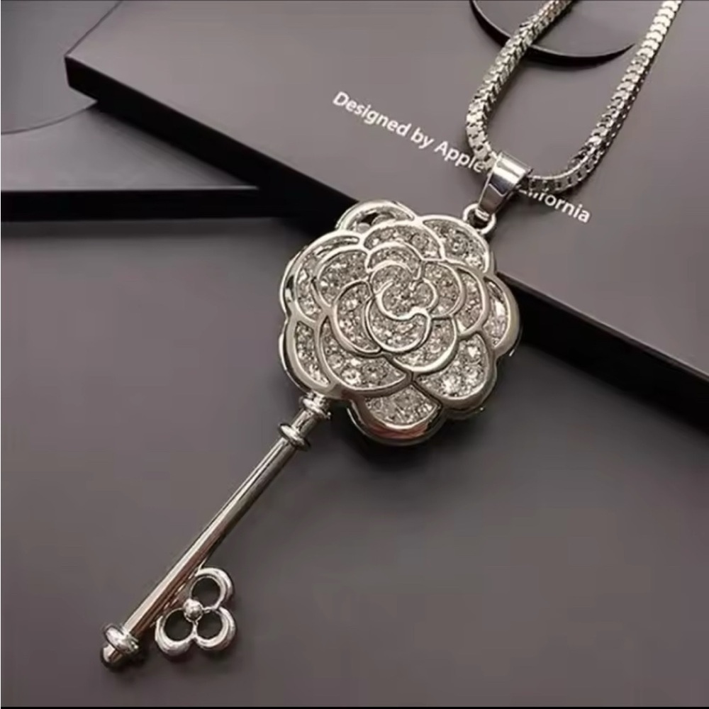 925 Sterling Silver Camellia Blossom Key Long Chain Necklace w/ Zircon Accents - Picture 11 of 11
